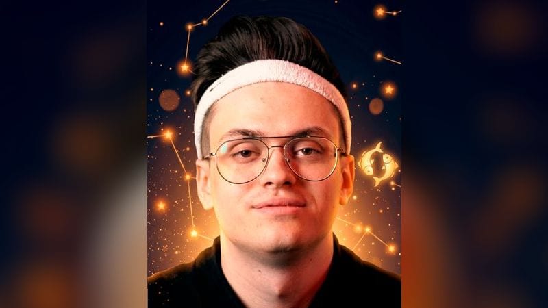 Стилизованный портрет Бустера на фоне ночного неба с созвездиями — иллюстрация к разбору его натальной карты
